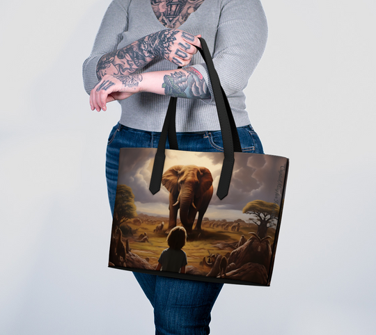 Fat of the Sea - Recognition: Child and Elephant - Vegan Leather Tote Bag