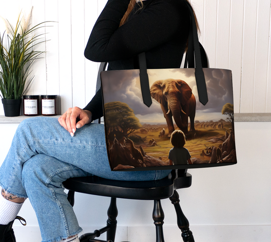 Fat of the Sea - Recognition: Child and Elephant - Vegan Leather Tote Bag