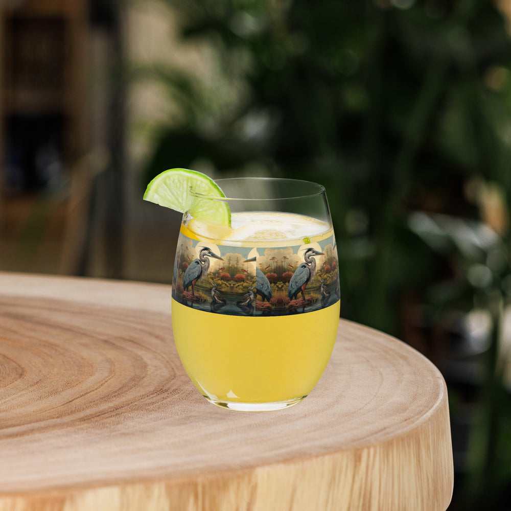 Blue Heron Print Stemless Wine Glass
