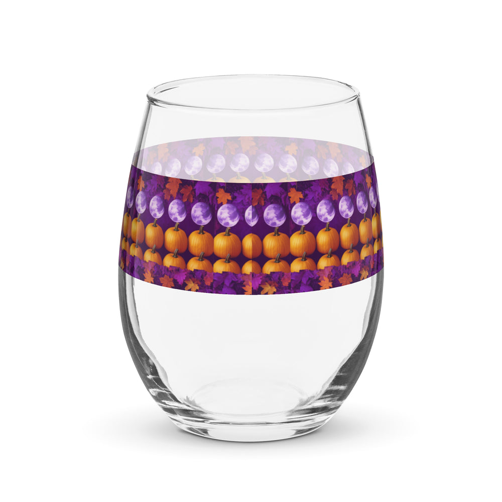 Full Moon, Pumpkin and Fall Leaves Print Stemless Wine Glass