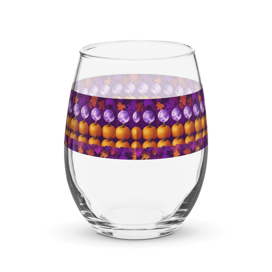 Full Moon, Pumpkin and Fall Leaves Print Stemless Wine Glass