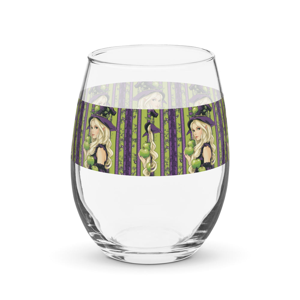 Green Apple and Purple Witch Stripe Print Stemless Wine Glass