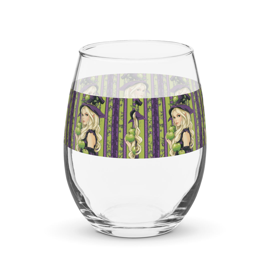 Green Apple and Purple Witch Stripe Print Stemless Wine Glass