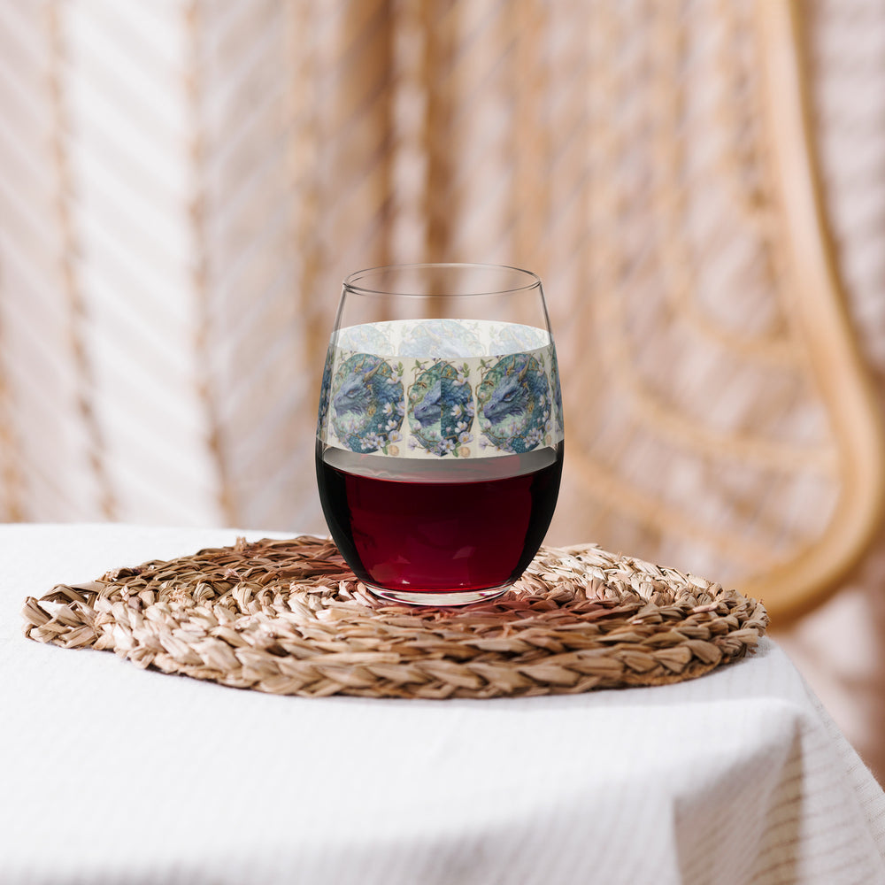 Blue Dragon and Flower Print Stemless Wine Glass