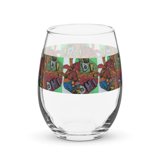 MardiG Mask Print Stemless Wine Glass