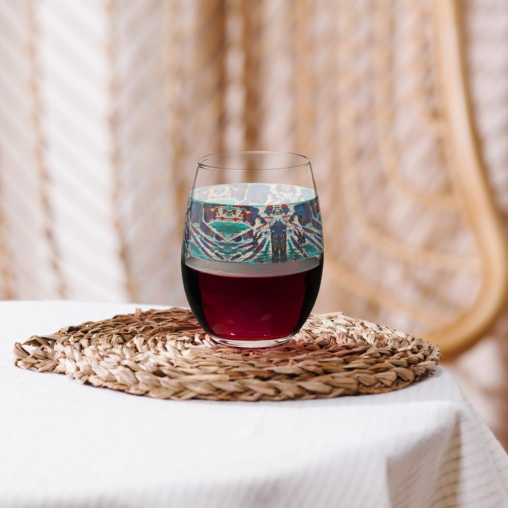 Kaleidescope and Feathers Print Stemless Wine Glass