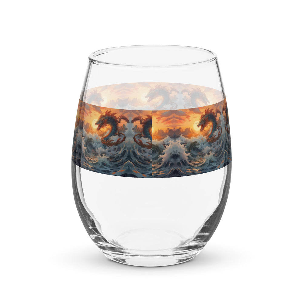Sea Monster, Water Dragon Sunset Print Stemless Wine Glass