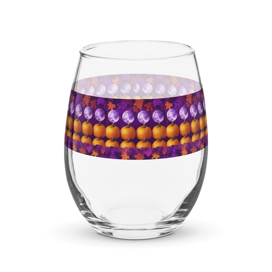 Full Moon, Pumpkin and Fall Leaves Print Stemless Wine Glass