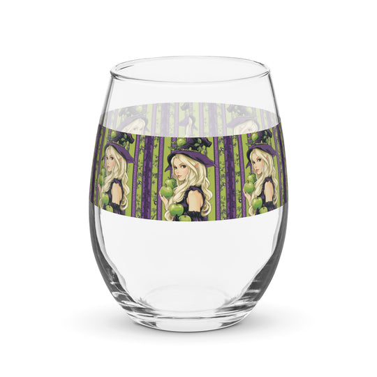 Green Apple and Purple Witch Stripe Print Stemless Wine Glass