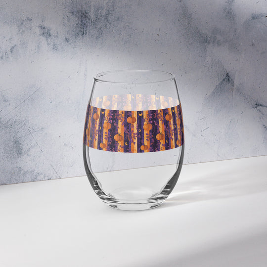 Pumpkin and Purple Stripe Fall Print Stemless Wine Glass