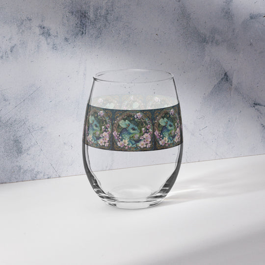Ble Darter Dragon and Flower Print Stemless Wine Glass