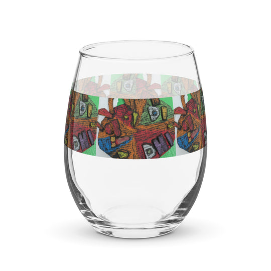 MardiG Mask Print Stemless Wine Glass