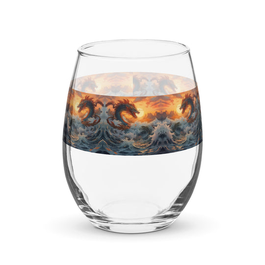 Sea Monster, Water Dragon Sunset Print Stemless Wine Glass