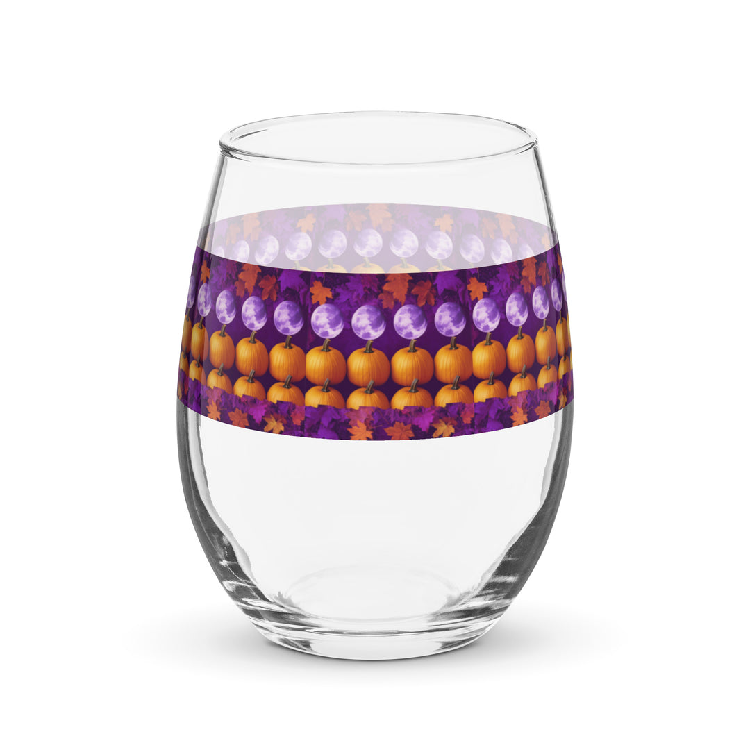 Full Moon, Pumpkin and Fall Leaves Print Stemless Wine Glass