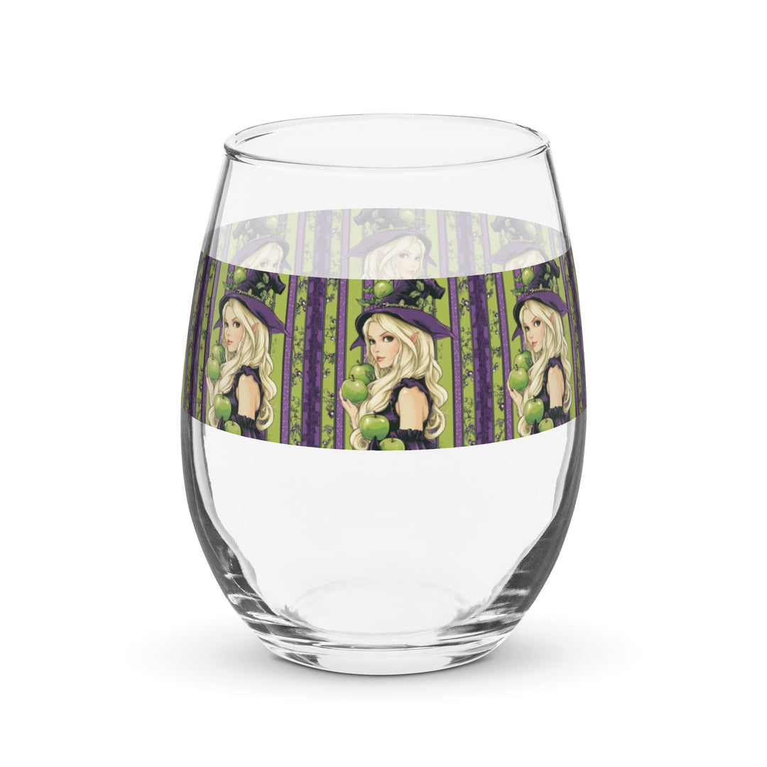Green Apple and Purple Witch Stripe Print Stemless Wine Glass