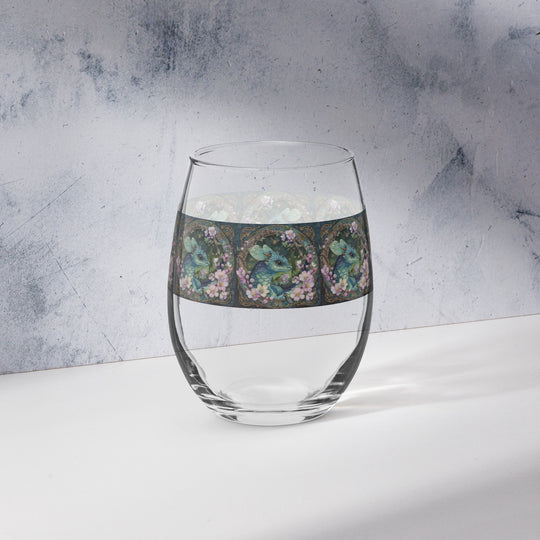 Ble Darter Dragon and Flower Print Stemless Wine Glass