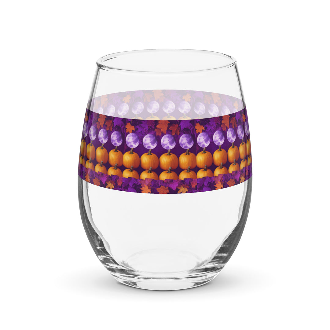 Full Moon, Pumpkin and Fall Leaves Print Stemless Wine Glass
