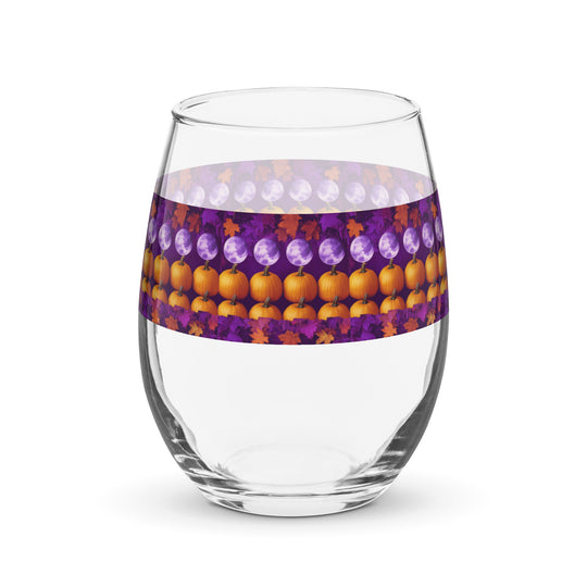 Full Moon, Pumpkin and Fall Leaves Print Stemless Wine Glass