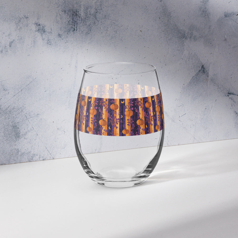 Pumpkin and Purple Stripe Fall Print Stemless Wine Glass