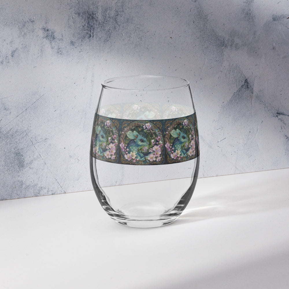 Ble Darter Dragon and Flower Print Stemless Wine Glass