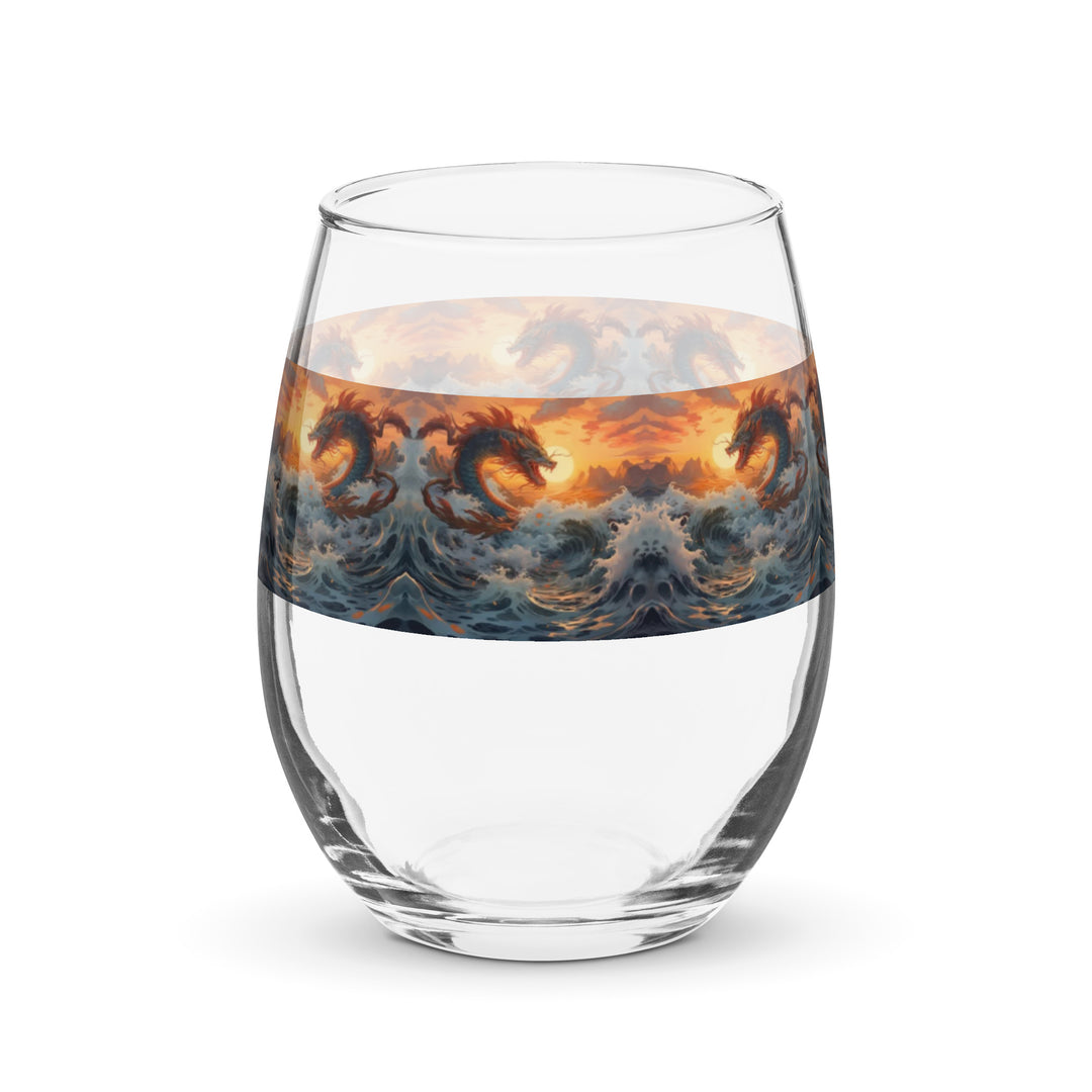 Sea Monster, Water Dragon Sunset Print Stemless Wine Glass