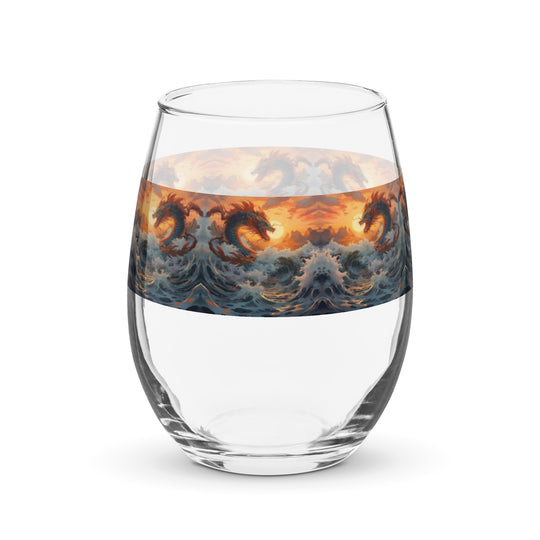 Sea Monster, Water Dragon Sunset Print Stemless Wine Glass
